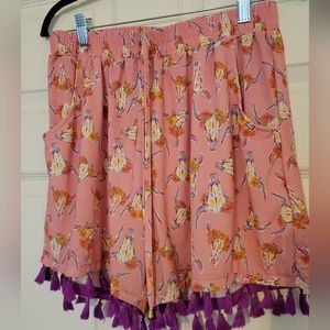 Simply Southern Pink Cow Skull Floral Shorts Tassels Elastic Waist Size L/XL